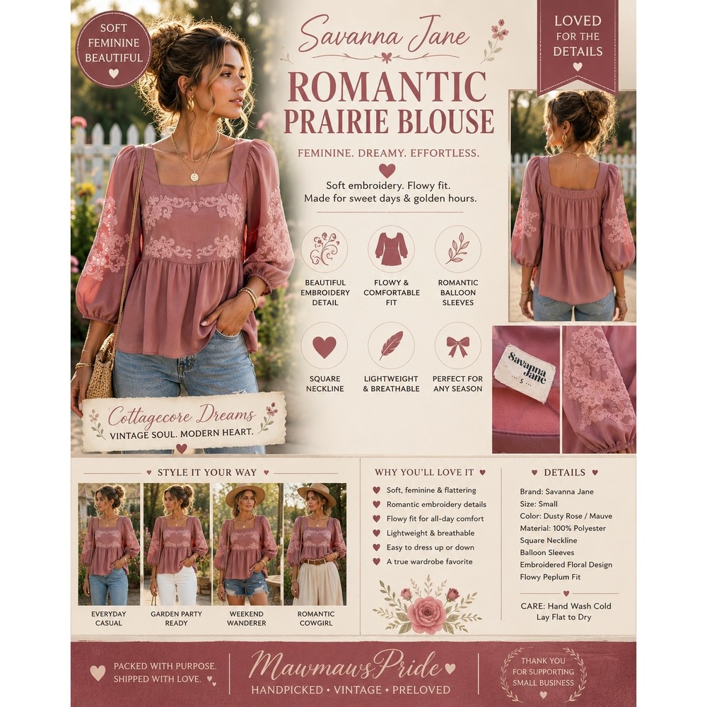 Savanna Jane Romantic Prairie Blouse Dusty Rose Embroidered Peplum Top Small